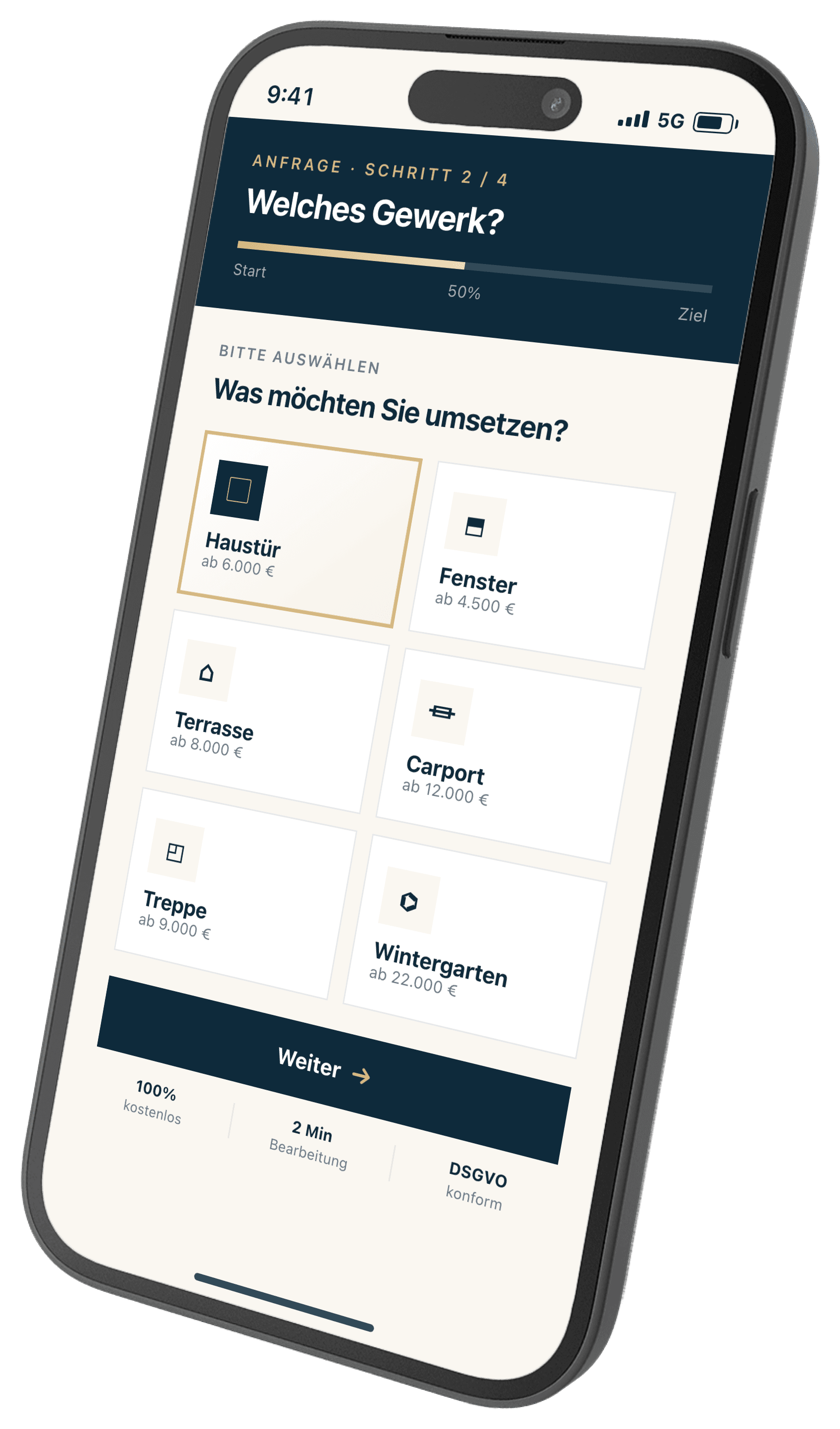 iPhone-Mockup mit Multi-Step-Anfrage-Formular